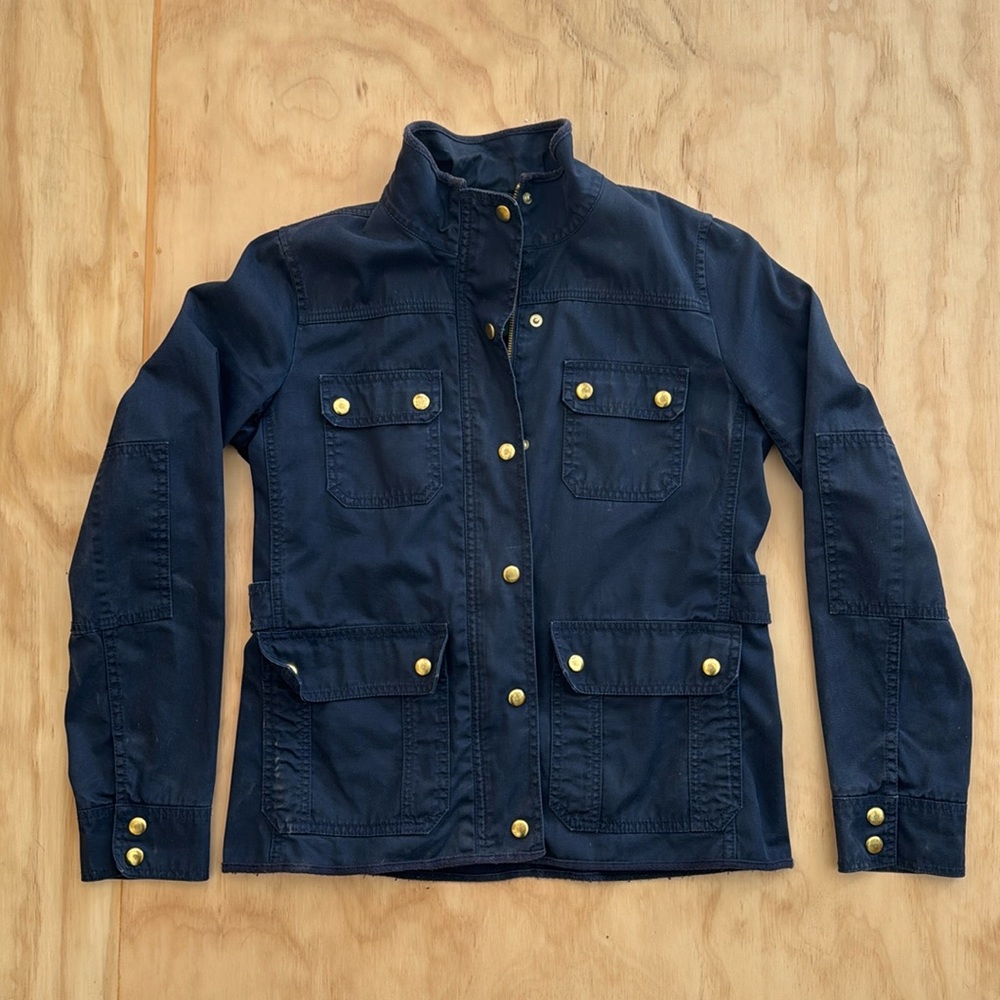 J Crew Relaxed Boyfriend Field Jacket, size S, navy blue, brass buttons & zip